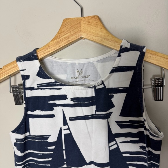 Mahi Gold Sleeveless Sailboat Dress Blue White Nautical Stretch XS 508 - Picture 2 of 5